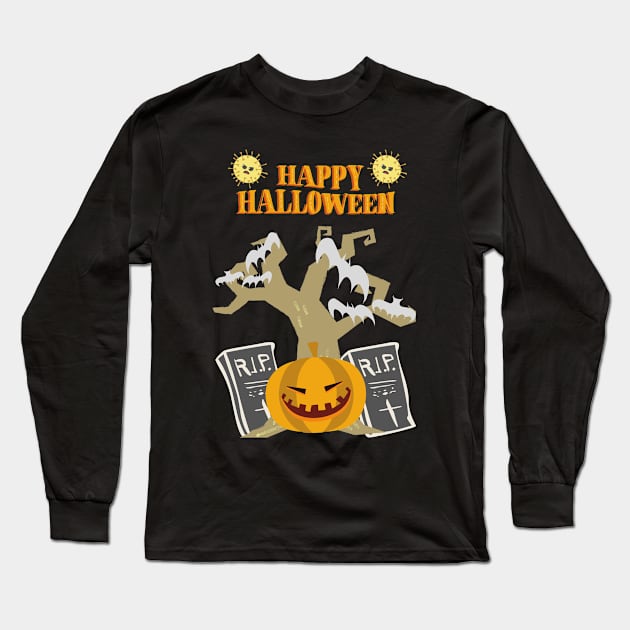 Happy Halloween Orange Pumpkin Long Sleeve T-Shirt by Kiyiya Designs